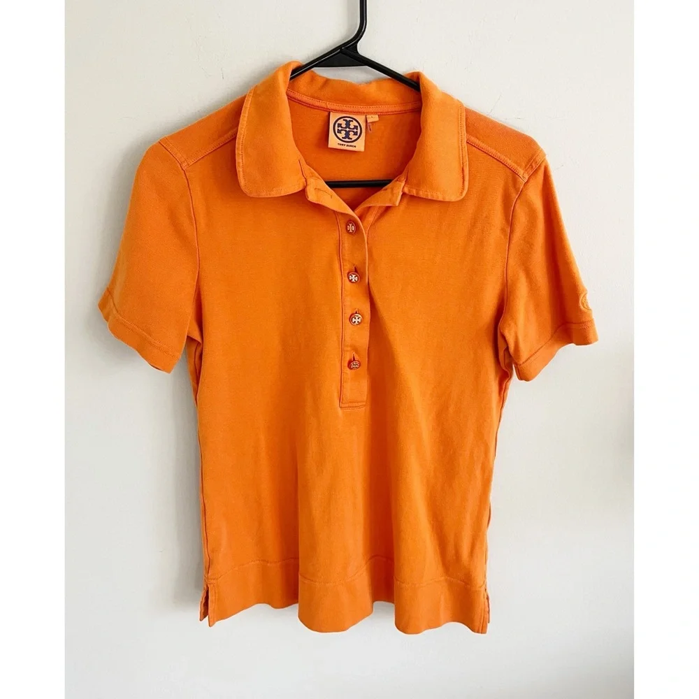 Tory Burch short sleeve button down orange top L
